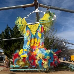 Bright Yellow Multicolor Feather Dance Costume for Kids